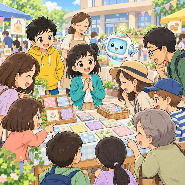 こどもマーケットで、たくさんの人がミオのコースターをほめている。