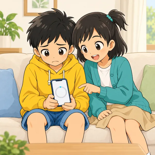 ソファで肩を落とすハルの画面を、ミオがのぞきこんでいる。