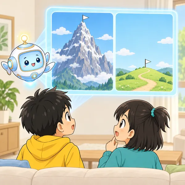 AIロボットが、大きな山と小さな丘の旗を窓に見せている。