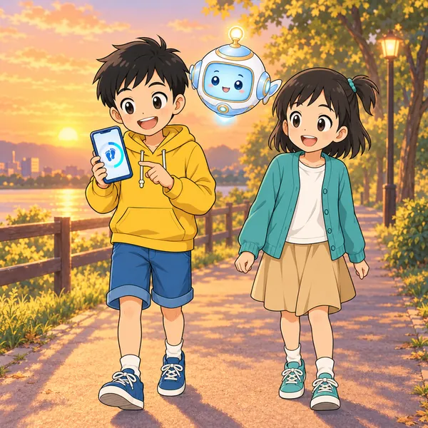 夕方の散歩道で、ハルがスマホの歩数の画面を見てうれしそうにし、ミオがとなりを歩いている。