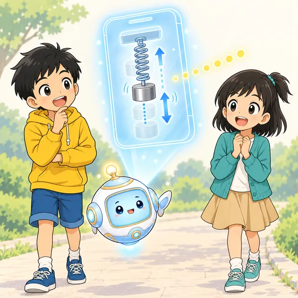 AIロボットが、スマホの中の部品が歩くたびにゆれて点がふえる図をうかべている。