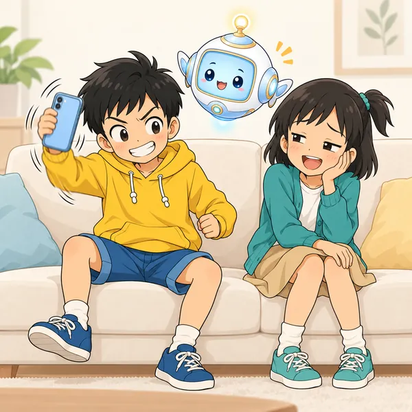 ソファでハルがスマホをふっていて、ミオがあきれ顔で笑っている。