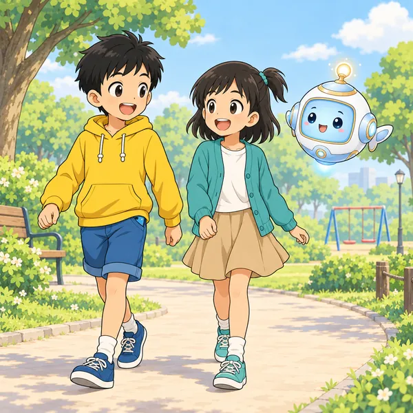 スマホをポケットに入れたハルとミオが、AIロボットといっしょに楽しそうに歩いている。