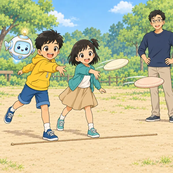 公園で、ハルとミオが線の前から紙皿の円ばんを投げ、ハルのお父さんが見守っている。