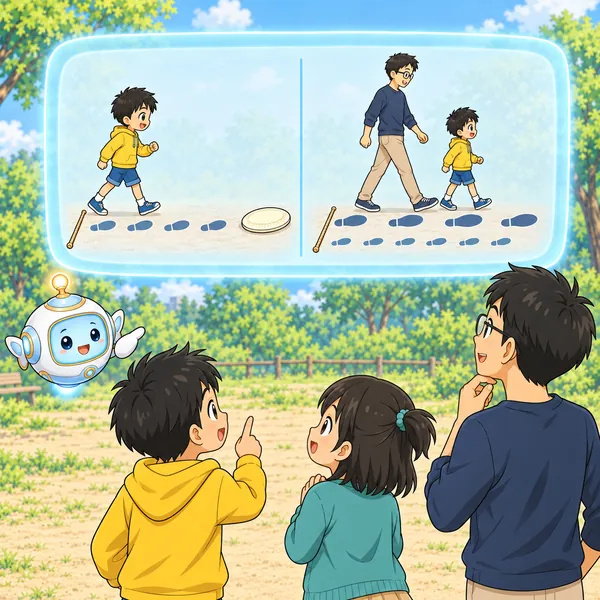 AIロボットが、同じ子が歩いて数える絵と、大人と子どもで1歩の大きさがちがう絵を窓に見せている。
