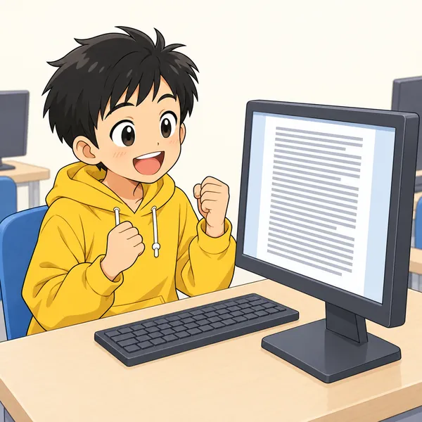パソコン教室。ハルが画面に向かって、長い作文を夢中で書き上げ、満足そうな顔をしている
