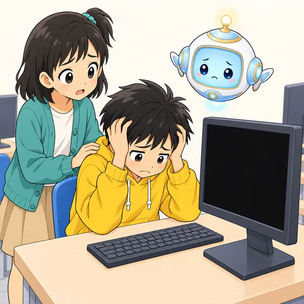ハルが頭をかかえてがっかりしている。ミオが心配そうにそばに来て、アイも困り顔で浮かぶ