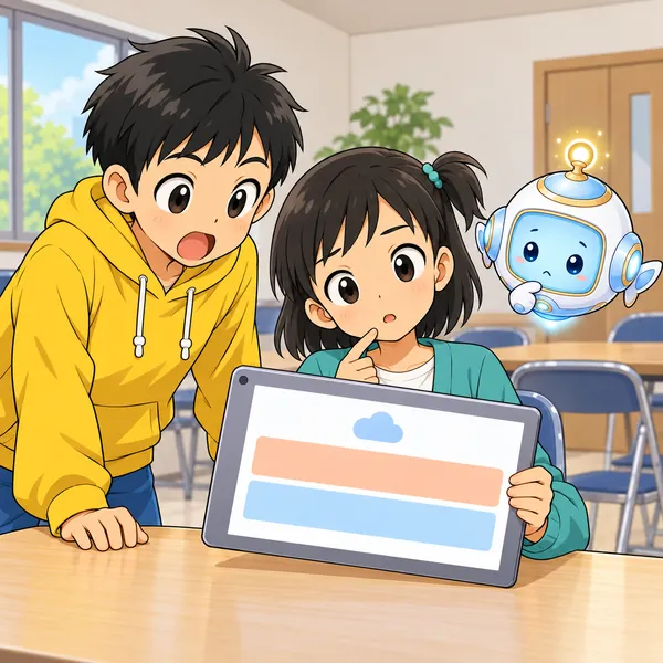 集会室で、ミオのタブレットに直す前のお知らせが出ていて、ハルがおどろき、ミオが首をかしげている。