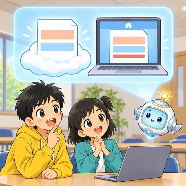 AIロボットが、雲の上の紙とハルのパソコンの中の同じ形の紙を並べ、手元の紙だけ直されている窓を見せている。