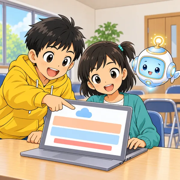 集会室で、ハルとミオが雲の印のついた画面を開き、いっしょに直して笑っている。