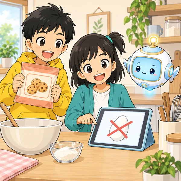 ミオの家の台所で、ミオがレシピを見ながらおやつの準備をし、ハルがクッキーの袋を持っている。