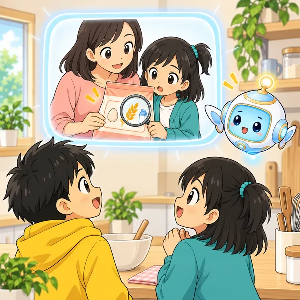 AIロボットが、袋の表示を大人と子どもが虫めがねで見る絵を窓に見せている。