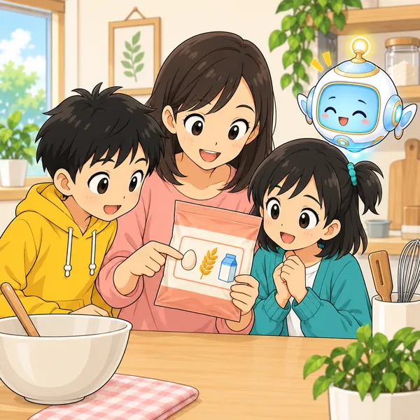 ミオのお母さんがミオとハルといっしょに袋のうらを確かめ、ミオが安心している。