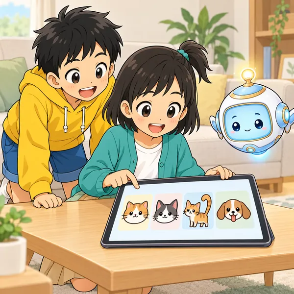 ミオがタブレットに、形のちがう3種類のねこのマークと犬のマークを入れ、ハルがのぞきこんでいる。