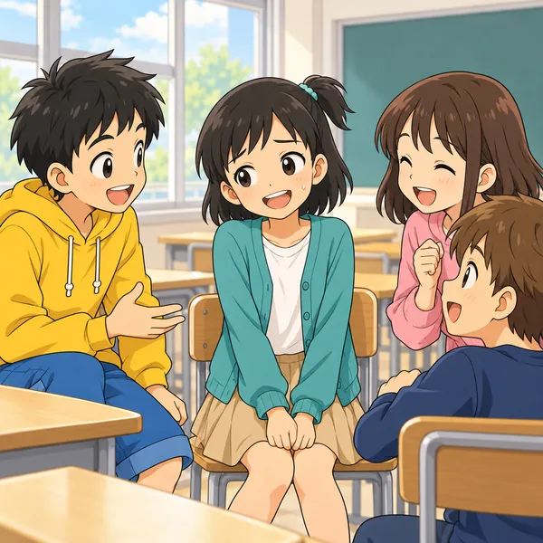 休み時間、ミオがいつものグループの中で、少しつかれた顔で笑っている。
