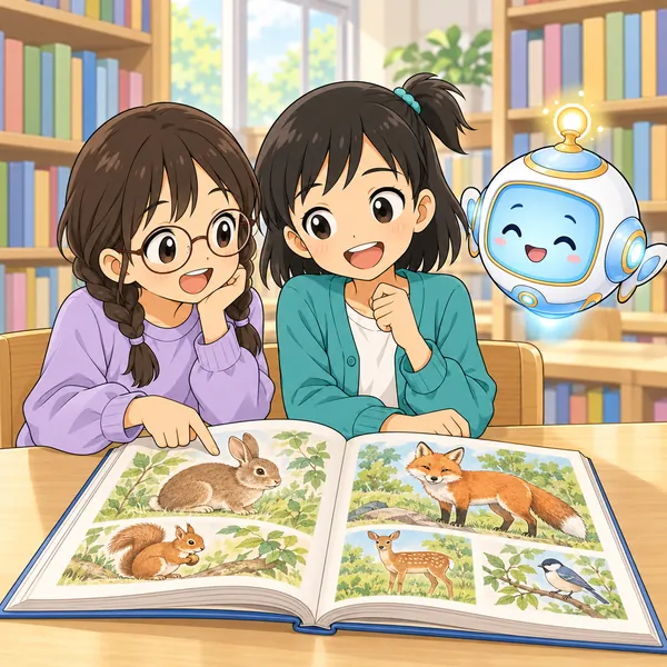 図書室で、ミオが本の好きな子と図鑑を見て楽しそうに話している。