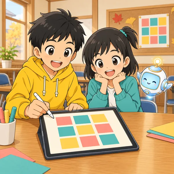 集会所で、ハルとミオがタブレットで秋まつりの案内を作っている。画面には同じ大きさの札がならんでいる。