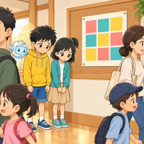 掲示板のポスターの前を人々が素通りし、ハルとミオががっかりしている。