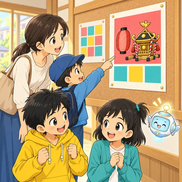 直したポスターの前で親子が足を止め、ハルとミオがうれしそうに顔を見合わせている。