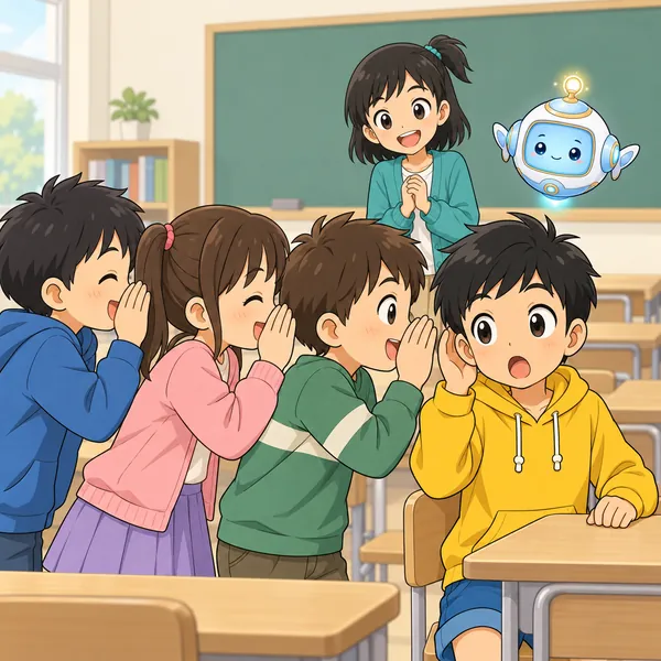 教室。子どもたちのあいだで、ある話が次々と伝わっていく