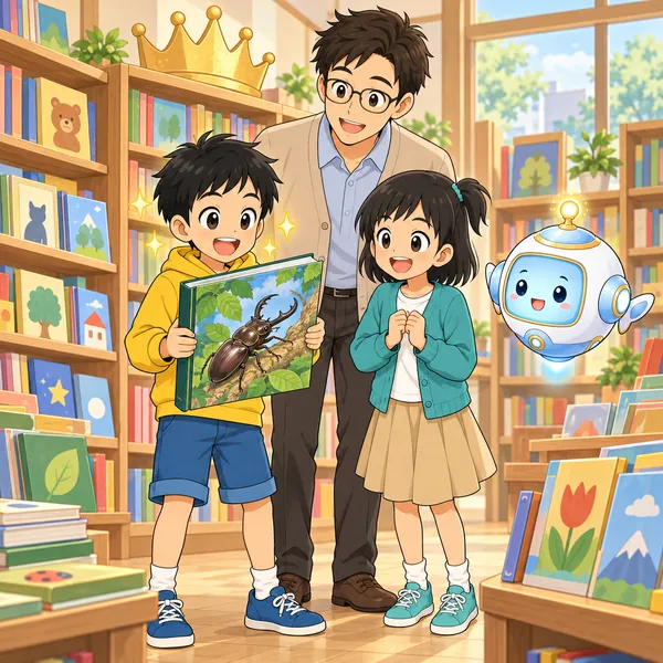本屋で、ハルが王かんのマークのついた図鑑を見て、目をかがやかせている。