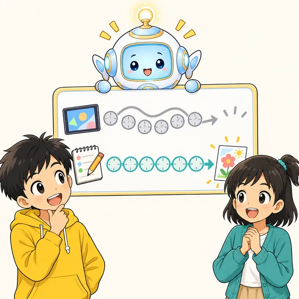 アイが、決めずに過ぎた時間と、決めてから使った時間のちがいを図で見せている