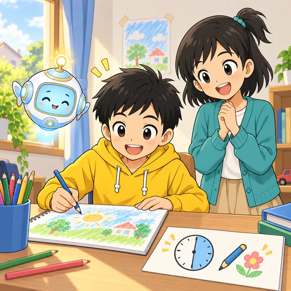 次の日。ハルが紙に「30分 絵をかく」と書いてから、机に向かっている