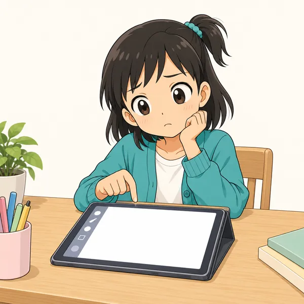 ミオが机でタブレットのお絵かきアプリを開き、まっ白な画面の前で指を止めて、ためらっている
