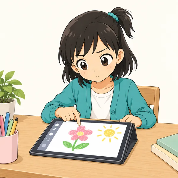 ミオが思いきって、シンプルな花と太陽の絵を描いている