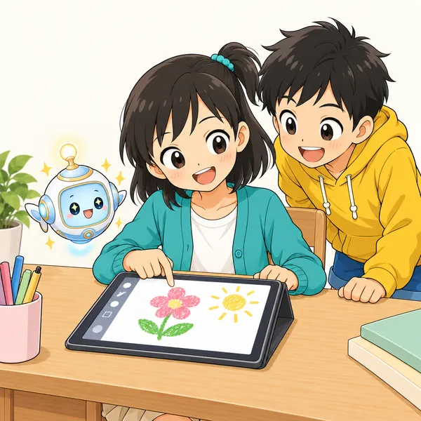 アイが画面のそばで目をかがやかせて浮かび、ハルが横からうれしそうにのぞきこんでいる