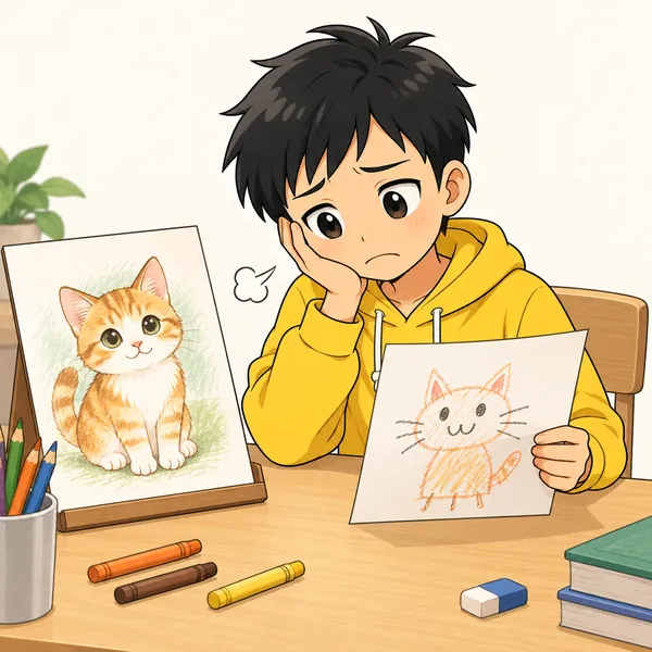 ハルが、うまい人の絵と自分の絵を見比べて、差の大きさにため息をついている