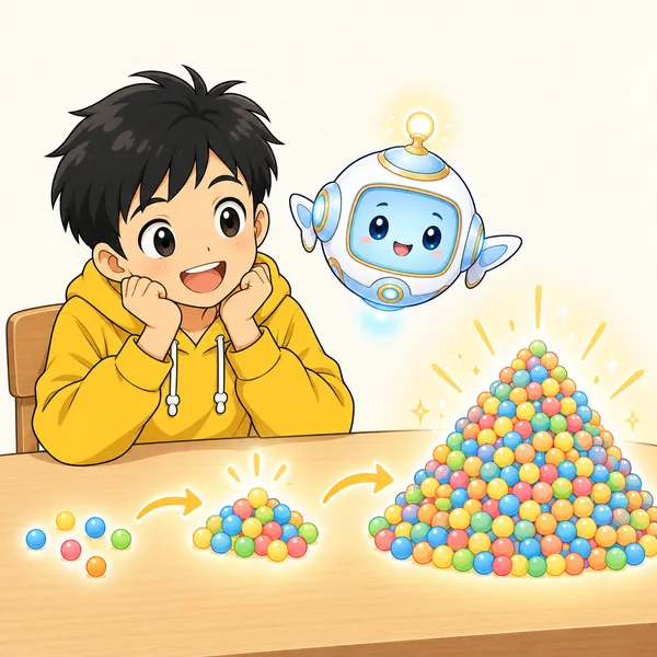 アイが、小さな点が少しずつ積み重なって大きな山になっていく様子をやさしく見せている
