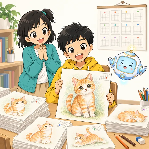 1年後の場面。ハルの机には日付の入った絵がたくさん積まれ、最新の絵は見ちがえるほど上達している