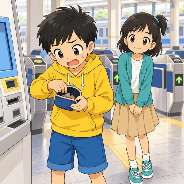 駅の自動改札の前で、ハルが小銭入れを開けてもたつき、後ろにミオがいる。