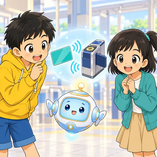 AIロボットが、カードと改札のあいだで電波がやりとりする図をうかべている。