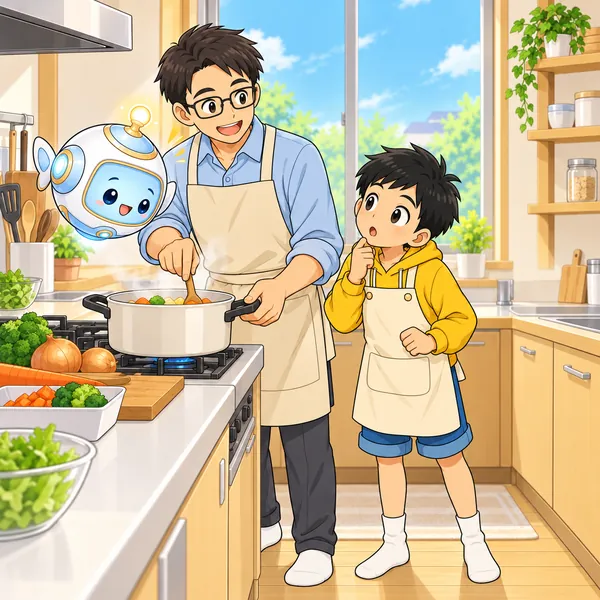 ハルが首をかしげ、父が笑ってなべをかきまぜている。