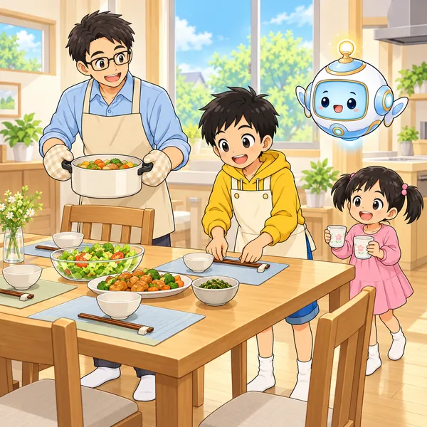 ハルがおはしを並べ、妹がコップを運んでいる。
