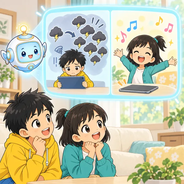 AIロボットが、言い返すと言い合いが増える絵と、画面からはなれて好きな歌を楽しむ絵を窓に見せている。