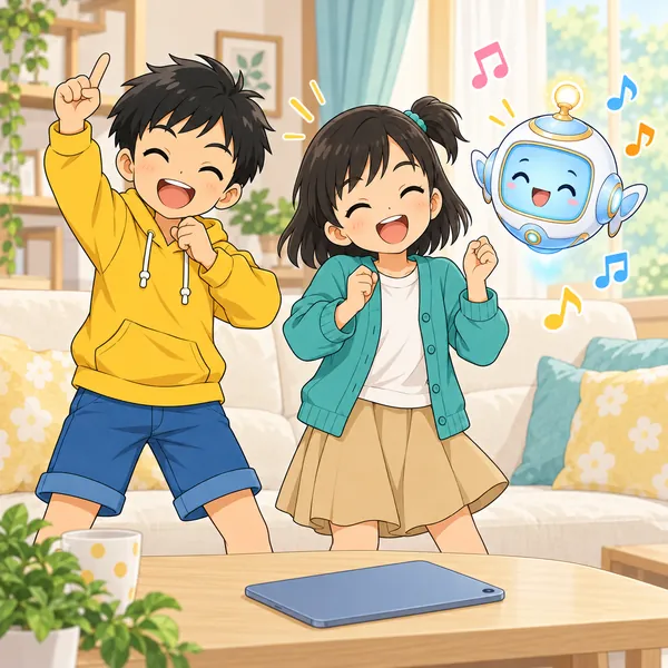ミオとハルが、タブレットをふせて、推しの歌を楽しそうに歌っている。