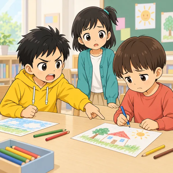 教室のグループ活動。ハルが友だちの描いた絵を指さして、きつい言い方をしている