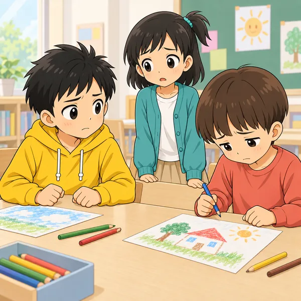 その男の子が下を向いて、手が止まってしまっている