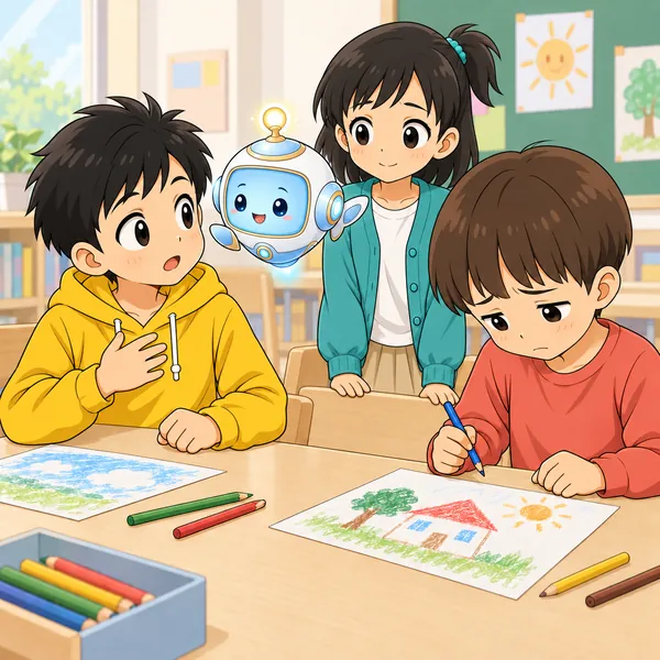 アイがハルのそばに浮かび、言葉を言いかえるヒントをやさしく教えている