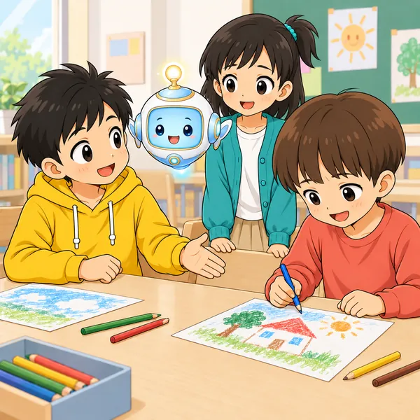 ハルが明るい表情で言いかえて伝え、男の子が笑顔でうなずいて、また描きはじめている