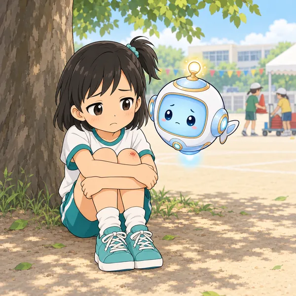 運動会のあと、ミオが校庭のすみでひざをかかえて落ちこんでいる。