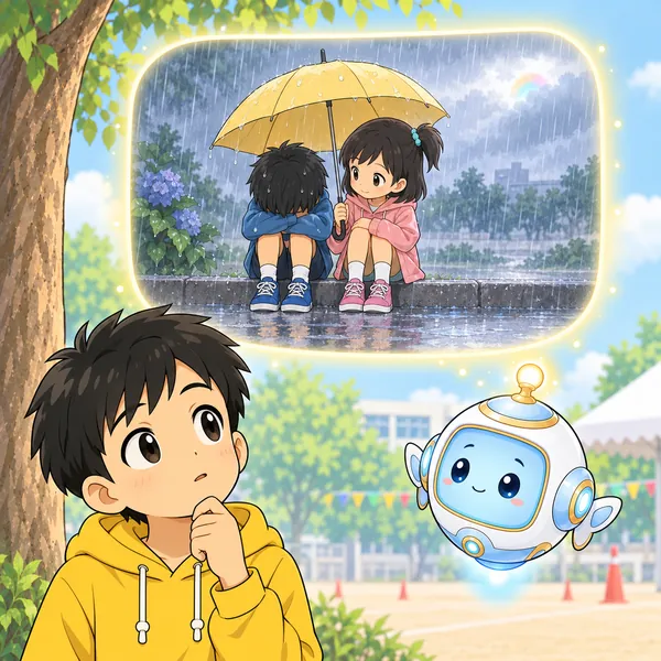 AIロボットが、雨の中の子にだまってかさをさしかける絵を見せている。