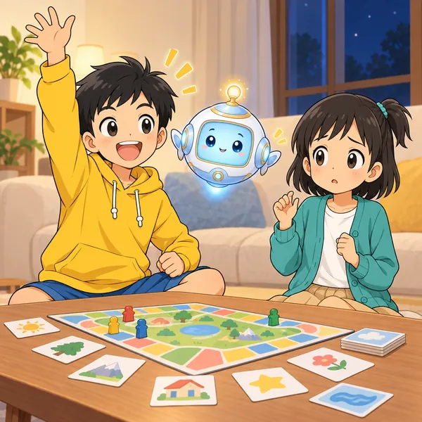 夜のリビングで家族のボードゲームをし、ハルが胸をはって答え、ミオは小さく手をあげている。