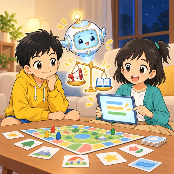 ミオがタブレットのことばのAIの答えを見て、AIロボットが天びんのイメージをうかべている。