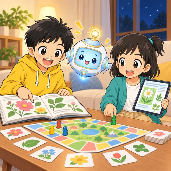 ハルとミオとAIロボットが、本で調べながら楽しくボードゲームを続けている。