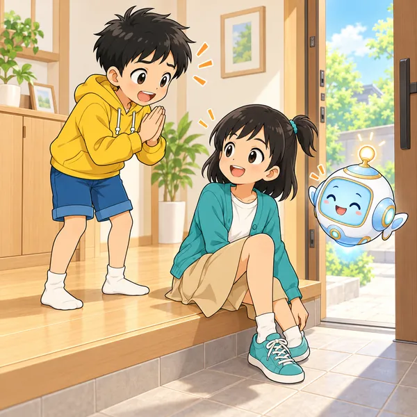 ハルが玄関でミオに手を合わせてあやまり、ミオが笑っている。