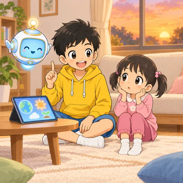 ハルが得意そうに話し、妹がぽかんとしている。